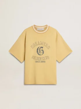 Men's oversized yellow cotton T-shirt with blue print