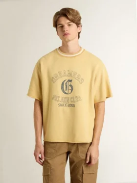 Men’s oversized yellow cotton T-shirt with blue print