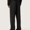 Men's pants in black cool wool with satin side stripe
