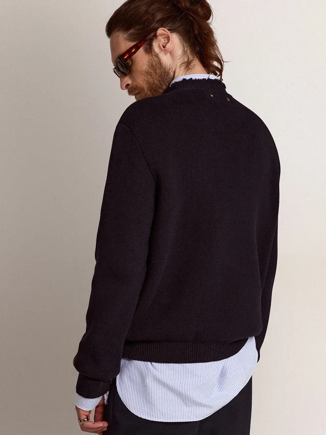 Men’s round-neck sweater in dark blue cotton