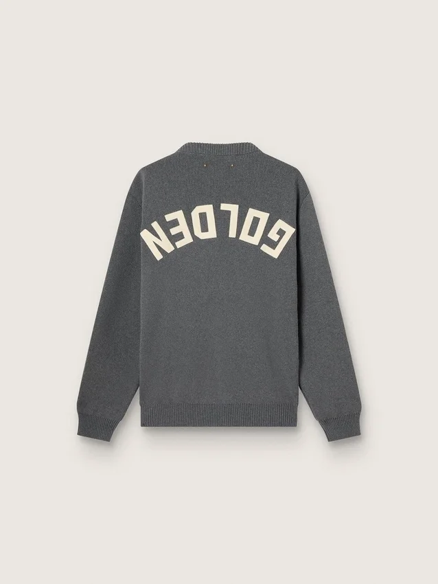 Men's round-neck sweater in dark gray cotton with logo on the back