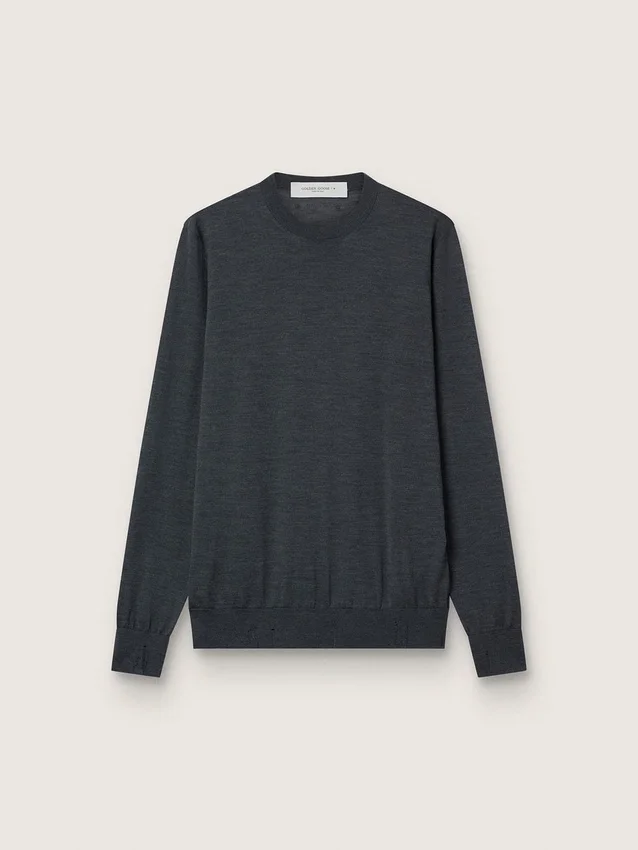Men's round-neck sweater in dark gray mélange wool