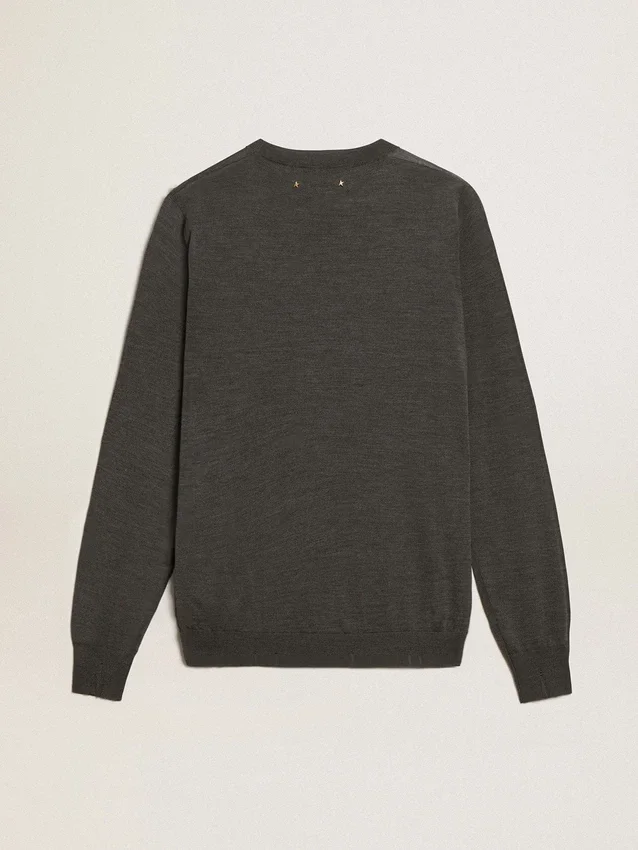 Men's round-neck sweater in dark gray mélange wool