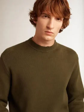 Men’s round-neck sweater in military green cotton
