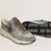 Men's Running Sole in light blue nylon with black star and green leather heel tab