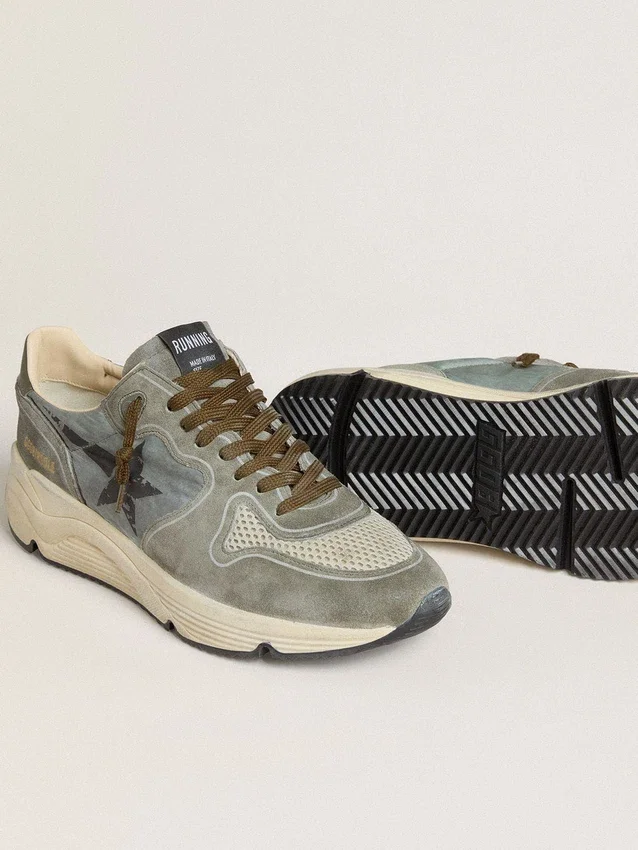 Men's Running Sole in light blue nylon with black star and green leather heel tab