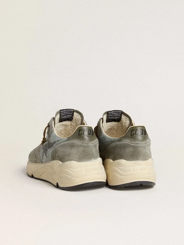 Men's Running Sole in light blue nylon with black star and green leather heel tab