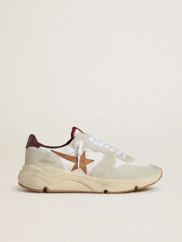 Men's Running Sole in nylon and suede with brown leather star and burgundy leather heel tab