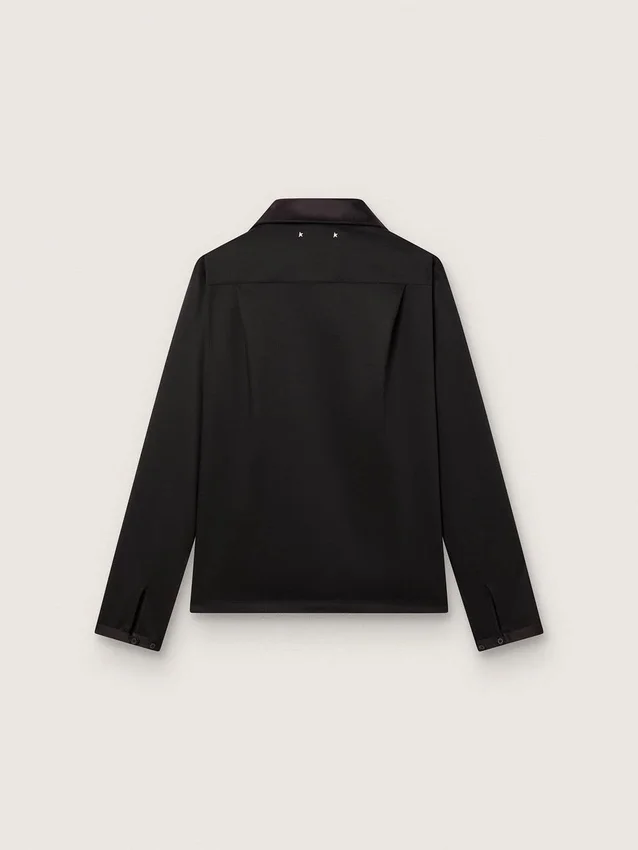 Men's shirt in black wool twill with black satin details