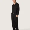 Men's shirt in black wool twill with black satin details