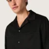 Men's shirt in black wool twill with black satin details