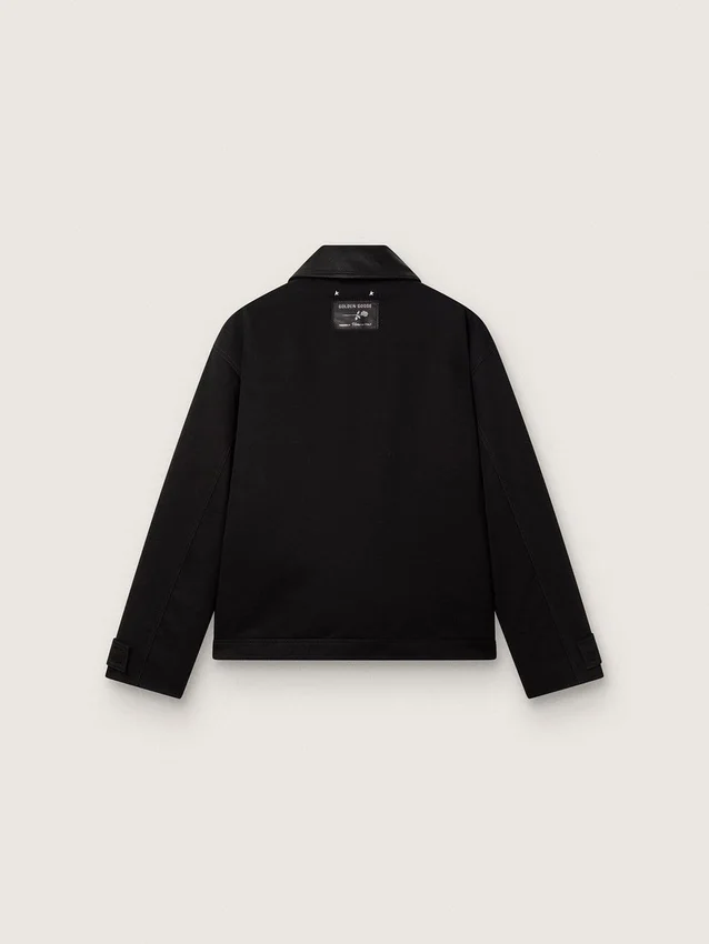 Men's short padded jacket in black cotton with leather collar
