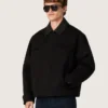 Men's short padded jacket in black cotton with leather collar
