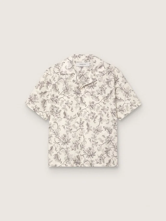 Men's short-sleeved cotton shirt with black and white floral print