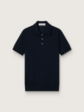 Men’s short-sleeved polo shirt in navy-blue merino wool