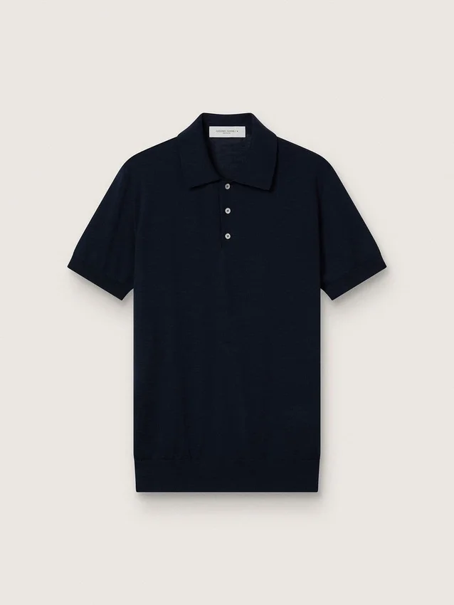 Men’s short-sleeved polo shirt in navy-blue merino wool