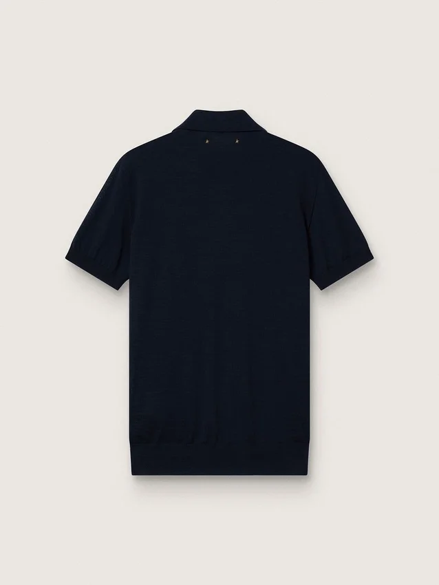 Men’s short-sleeved polo shirt in navy-blue merino wool