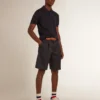 Men’s short-sleeved polo shirt in navy-blue merino wool