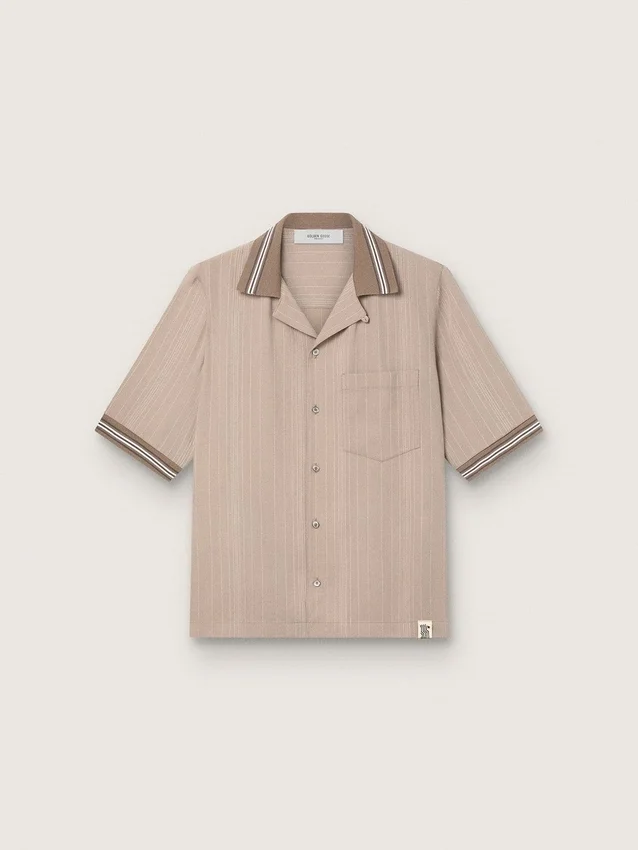 Men's short-sleeved shirt in gray cool wool with thin stripes