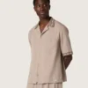 Men's short-sleeved shirt in gray cool wool with thin stripes