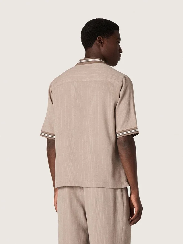 Men's short-sleeved shirt in gray cool wool with thin stripes