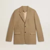 Men's single-breasted blazer in a sand-colored chevron linen blend.