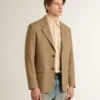Men's single-breasted blazer in a sand-colored chevron linen blend.