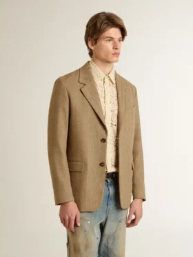 Men’s single-breasted blazer in a sand-colored chevron linen blend.
