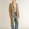 Men's single-breasted blazer in a sand-colored chevron linen blend.