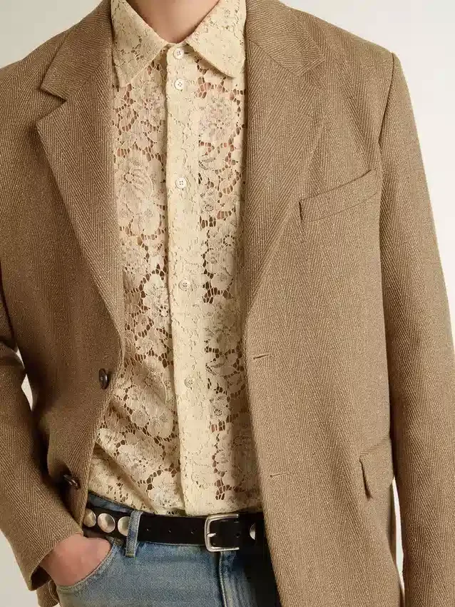 Men's single-breasted blazer in a sand-colored chevron linen blend.