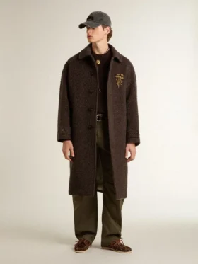 Men’s single-breasted Journey coat in wrinkle wool blend with floral pin
