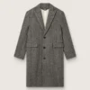 Men's single-breasted wool coat with beige and gray herringbone weave