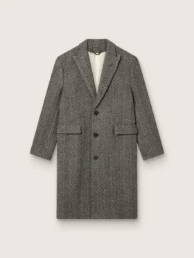 Men's single-breasted wool coat with beige and gray herringbone weave