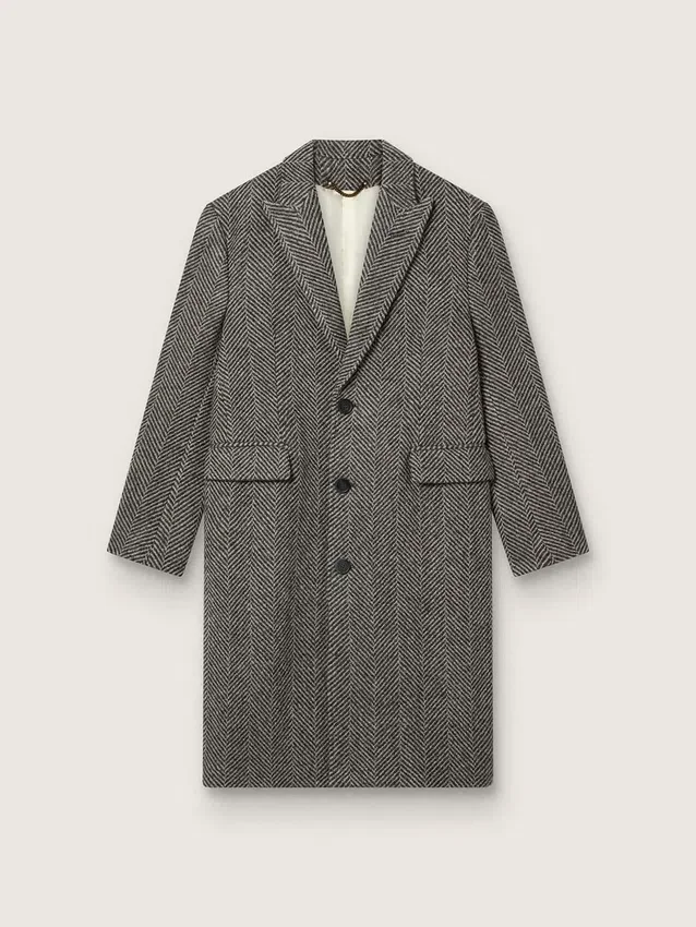 Men's single-breasted wool coat with beige and gray herringbone weave