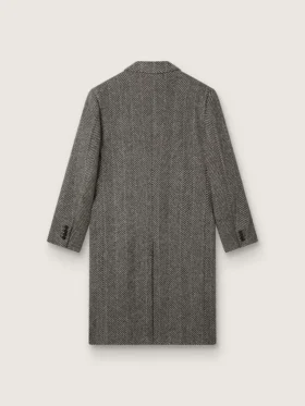 Men’s single-breasted wool coat with beige and gray herringbone weave