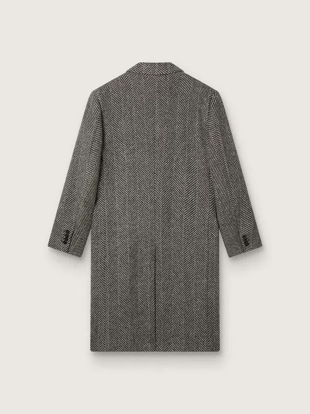 Men's single-breasted wool coat with beige and gray herringbone weave