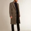 Men's single-breasted wool coat with beige and gray herringbone weave