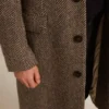 Men's single-breasted wool coat with beige and gray herringbone weave