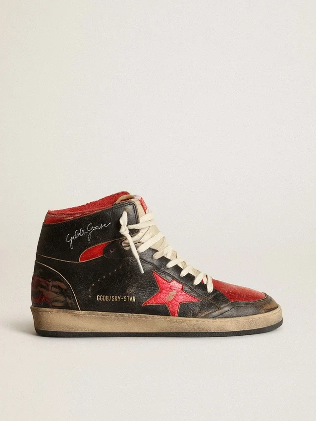 Men's Sky-Star in glossy black leather with red star