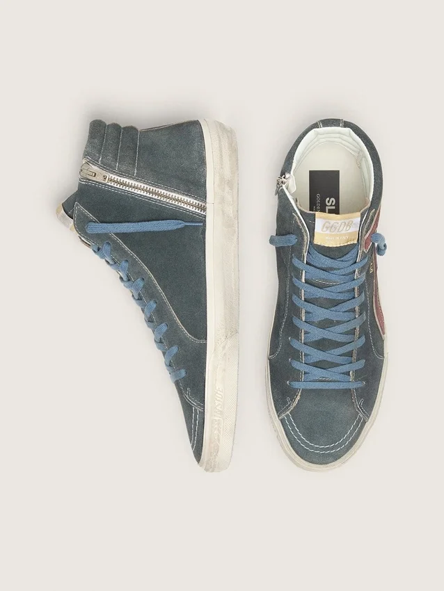 Men's Slide in gray suede with brown nubuck star and flash