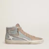 Men's Slide in light blue canvas with silver metallic leather flash
