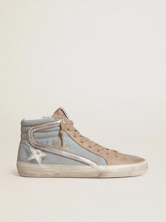 Men's Slide in light blue canvas with silver metallic leather flash