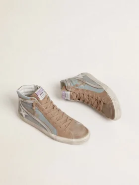 Men’s Slide in light blue canvas with silver metallic leather flash