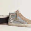 Men's Slide in light blue canvas with silver metallic leather flash