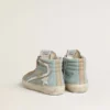 Men's Slide in light blue canvas with silver metallic leather flash