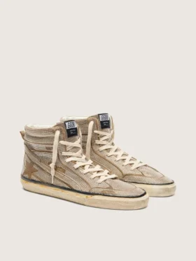 Men’s Slide LAB sneakers in tobacco-colored suede with crystals and tobacco-colored suede star