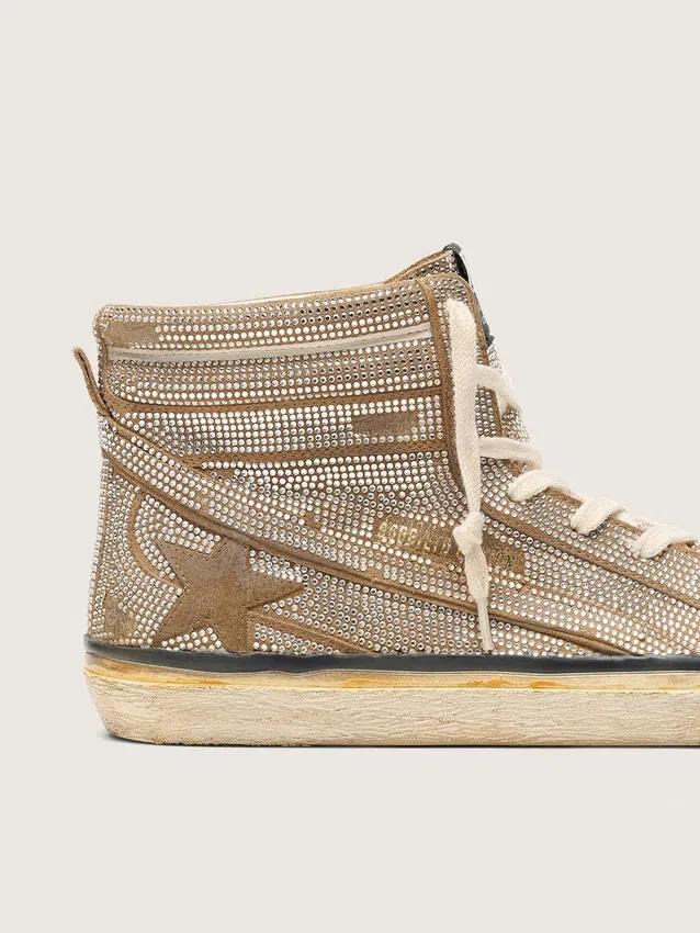 Men's Slide LAB sneakers in tobacco-colored suede with crystals and tobacco-colored suede star