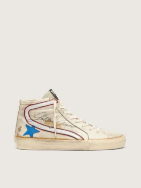Men’s Slide with light blue leather star and metallic silver leather flash