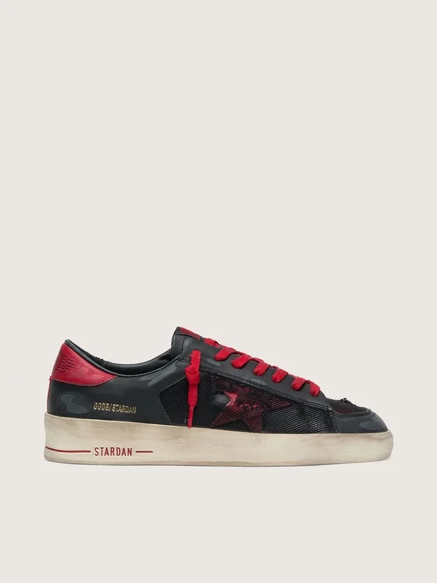 Men’s Stardan in black leather with red star and black mesh and red leather inserts