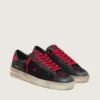 Men’s Stardan in black leather with red star and black mesh and red leather inserts